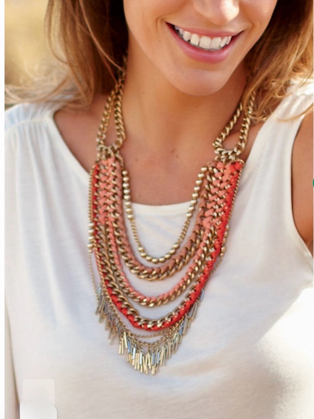 Stella & Dot Carmen Coral & Gold Multi-Strand Chain Necklace